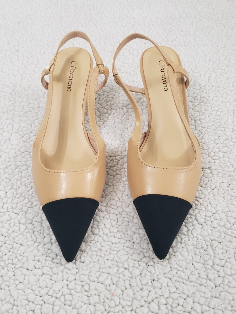 C. PARAVANO Two-Tone Beige and Black Pointed Slingback Heels Pumps | 6.5